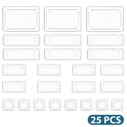 25pcs Versatile Drawer Organizer Set - Clear Plastic Trays in 4 Sizes for Perfect Makeup and Kitchen Storage