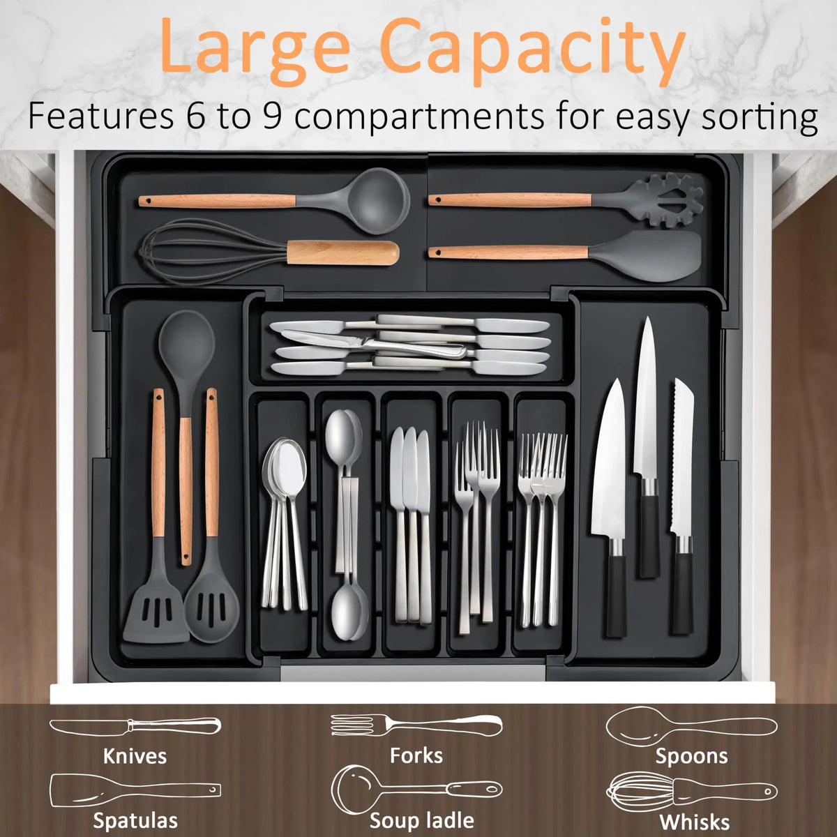 Large Expandable Kitchen Drawer Organizer for Flatware -Adjustable Cutlery Tray (6-9 Slots) for Spoons/Forks/Knives, Black