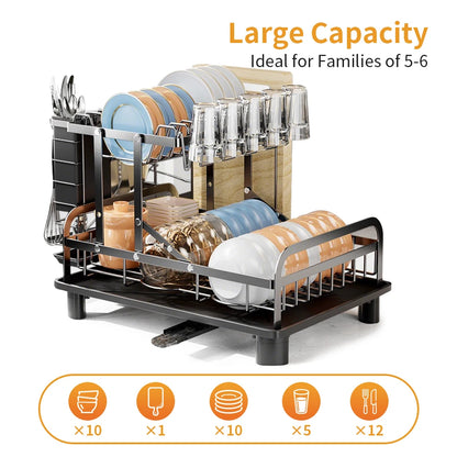 2-Tier Dish Drainer Rack with Draining Board & Utensil Holder