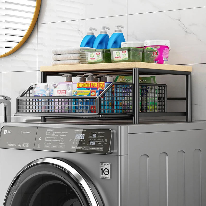 2-Tier Kitchen Countertop Organiser | Wood & Metal | Drawer & Basket Shelf