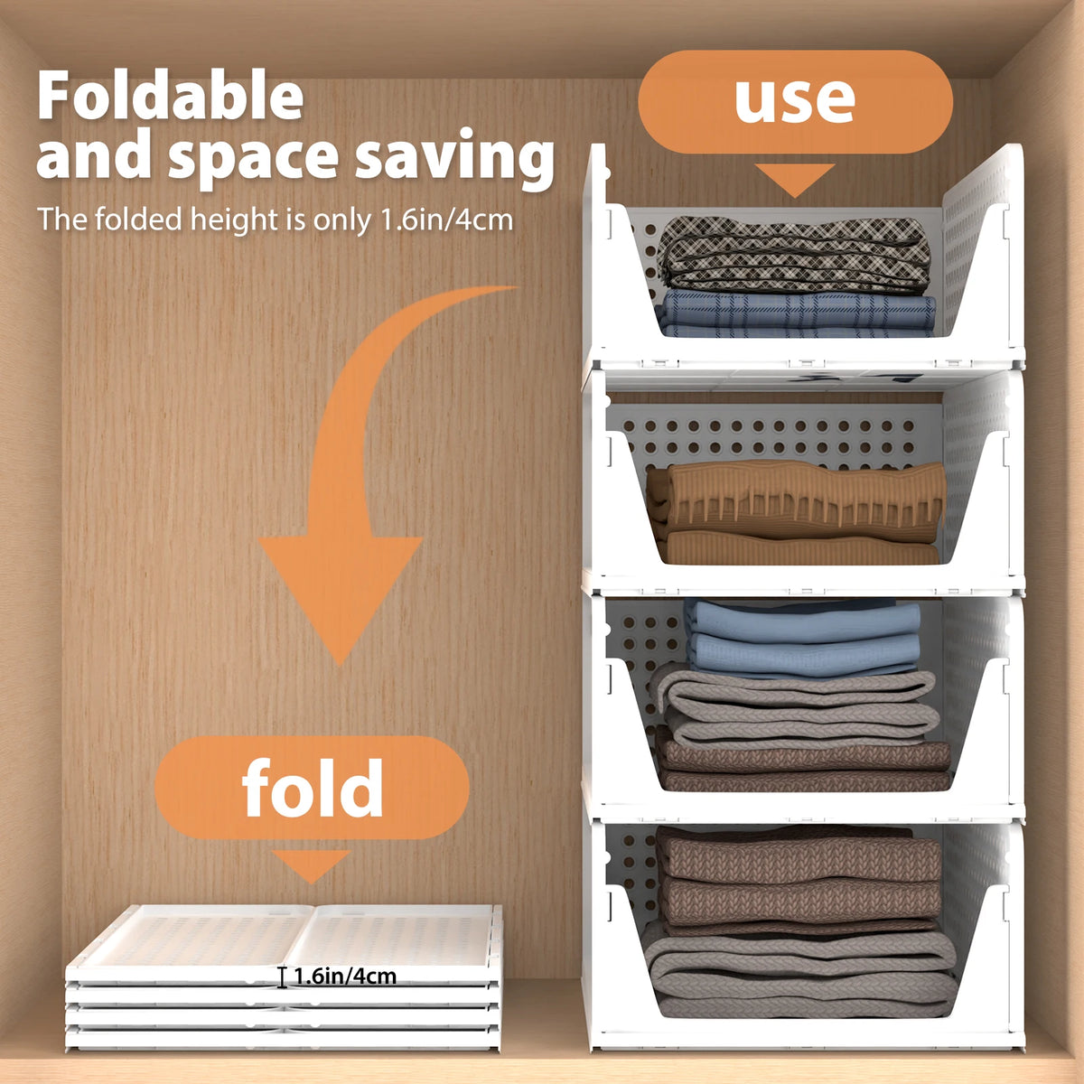 Stackable Wardrobe Storage 4 Pack, Foldable Drawers White, Hollow Easy Pull Out, Collapsible Boxes for Shelves Bedroom Laundry