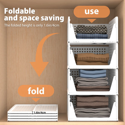 Stackable Wardrobe Storage 4 Pack, Foldable Drawers White, Hollow Easy Pull Out, Collapsible Boxes for Shelves Bedroom Laundry