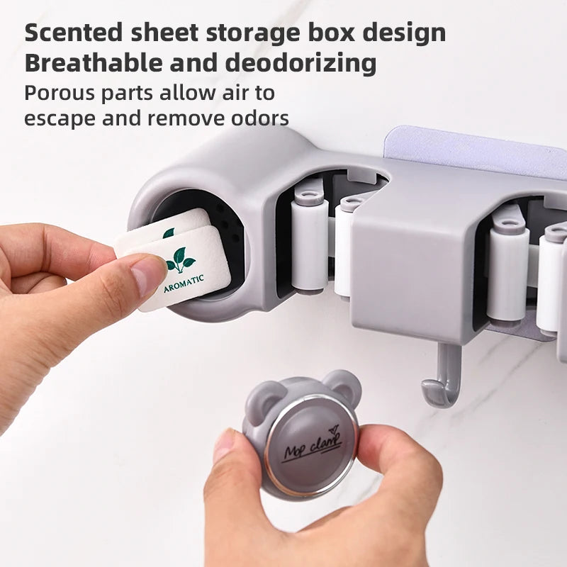 Broom Mop Holder, Wall Mounted Self-Adhesive Broom And Mop Organizer With Hooks For Bathroom Kitchen Closet Storage