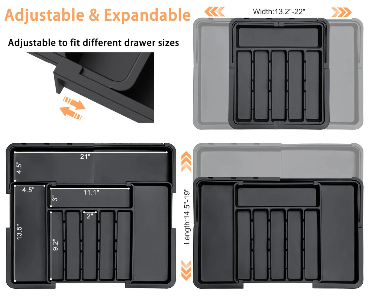 Large Expandable Kitchen Drawer Organizer for Flatware -Adjustable Cutlery Tray (6-9 Slots) for Spoons/Forks/Knives, Black