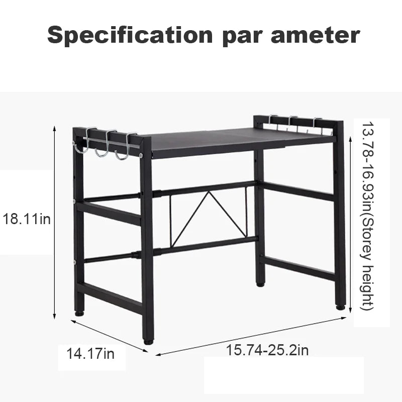 2-Tier Microwave Oven Shelf with 6 Hooks | Expandable Carbon Steel Rack