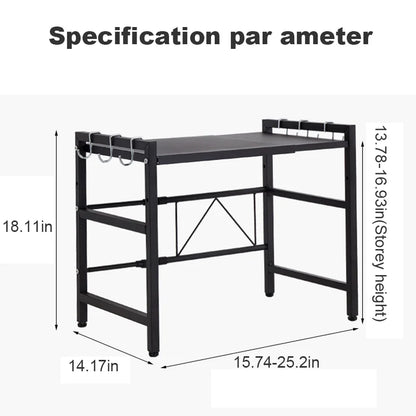 2-Tier Microwave Oven Shelf with 6 Hooks | Expandable Carbon Steel Rack