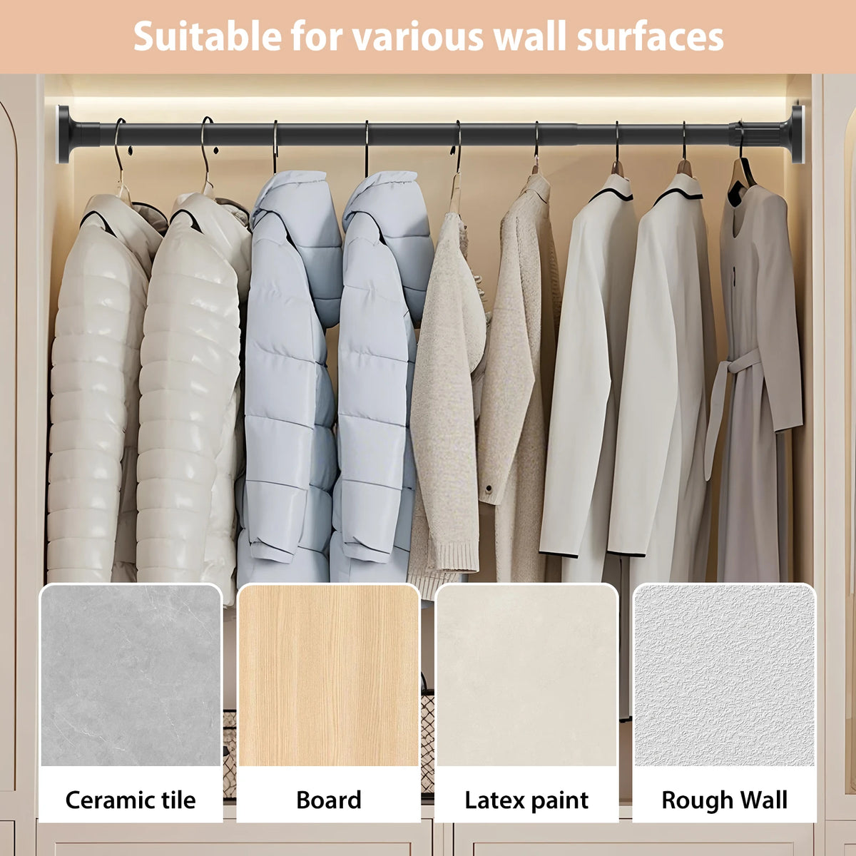 Adjustable Wardrobe Rail,Extendable Curtain Rod for Windows & Showers, Closet Hanging Rails for Clothes Wardrobe Bathroom