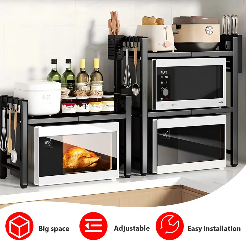 2-Tier Microwave Oven Shelf with 6 Hooks | Expandable Carbon Steel Rack