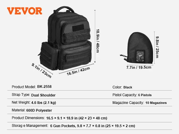 SucceBuy Tactical Range Backpack 2/6 Pistols Gun Backpack with Independent Pistol Bags and Magazines Pistol Backpack for Outdoor