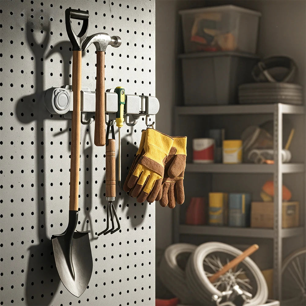 No-Drill Wall-Mounted Broom & Mop Holder - Bathroom Storage Rack for Mops, Brooms & Cleaning Supplies