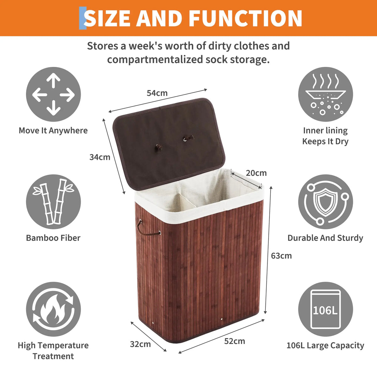 Bamboo Laundry Hamper Large 106L with Removable 4-Section Liner, Foldable Storage Basket with Lid and Handles for Bedroom, Laund