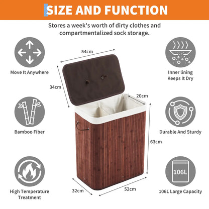 Bamboo Laundry Hamper 106L | Removable 4-Section Liner | Lid & Handles