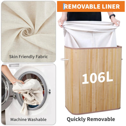 Bamboo Laundry Hamper 106L | Removable 4-Section Liner | Lid & Handles
