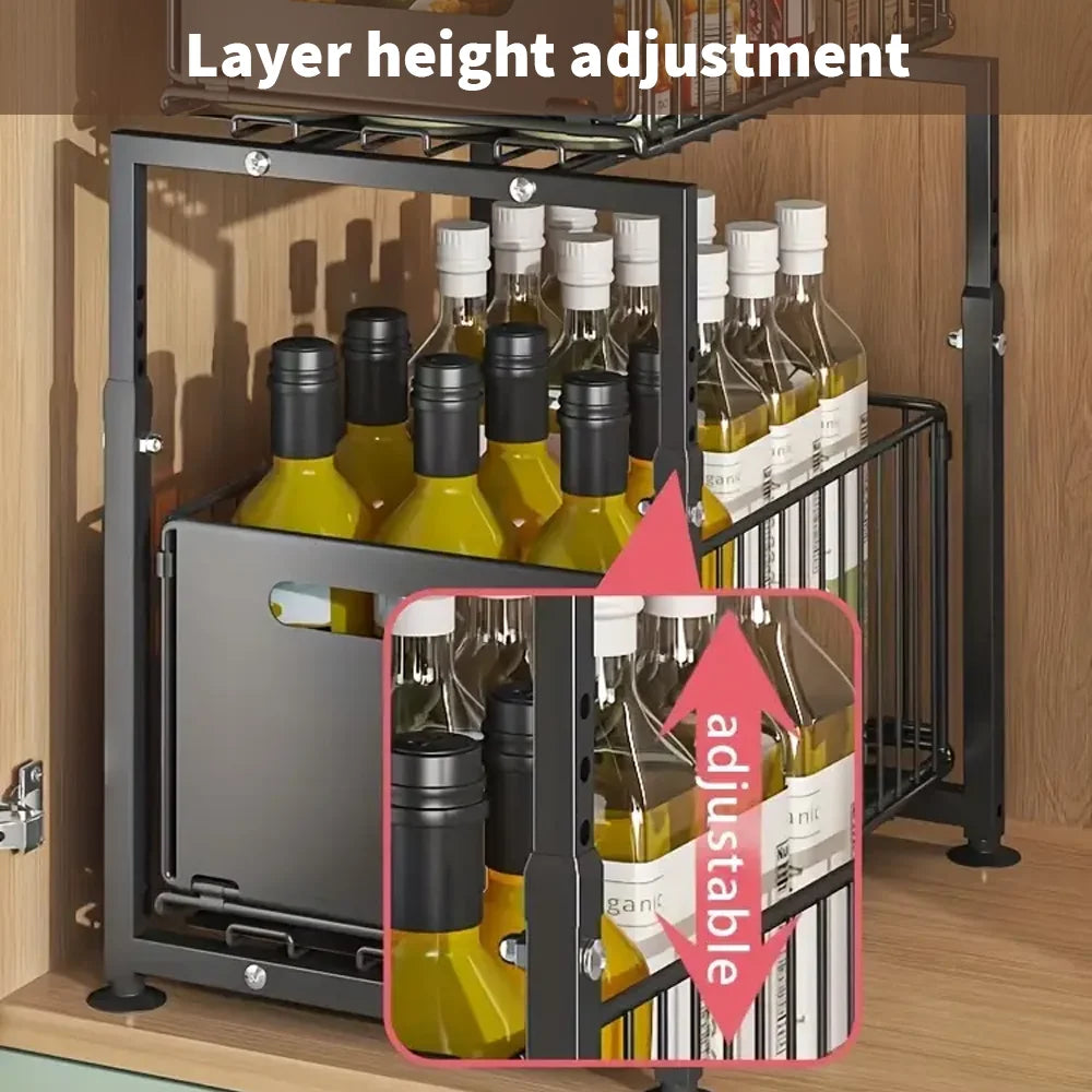 2-Tier Under-Sink Slide-Out Storage Organiser | Adjustable Height | Black
