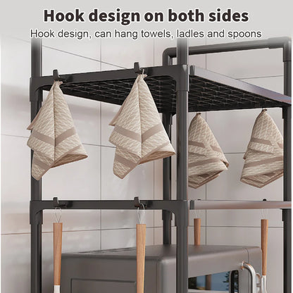 2 or 3-Tier Microwave & Oven Storage Rack with Tool Hooks | Aluminium | Kitchen Organiser
