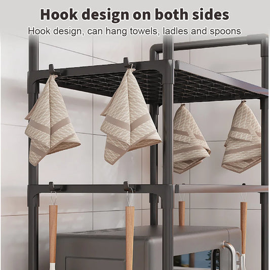 2 or 3-Tier Microwave & Oven Storage Rack with Tool Hooks | Aluminium | Kitchen Organiser