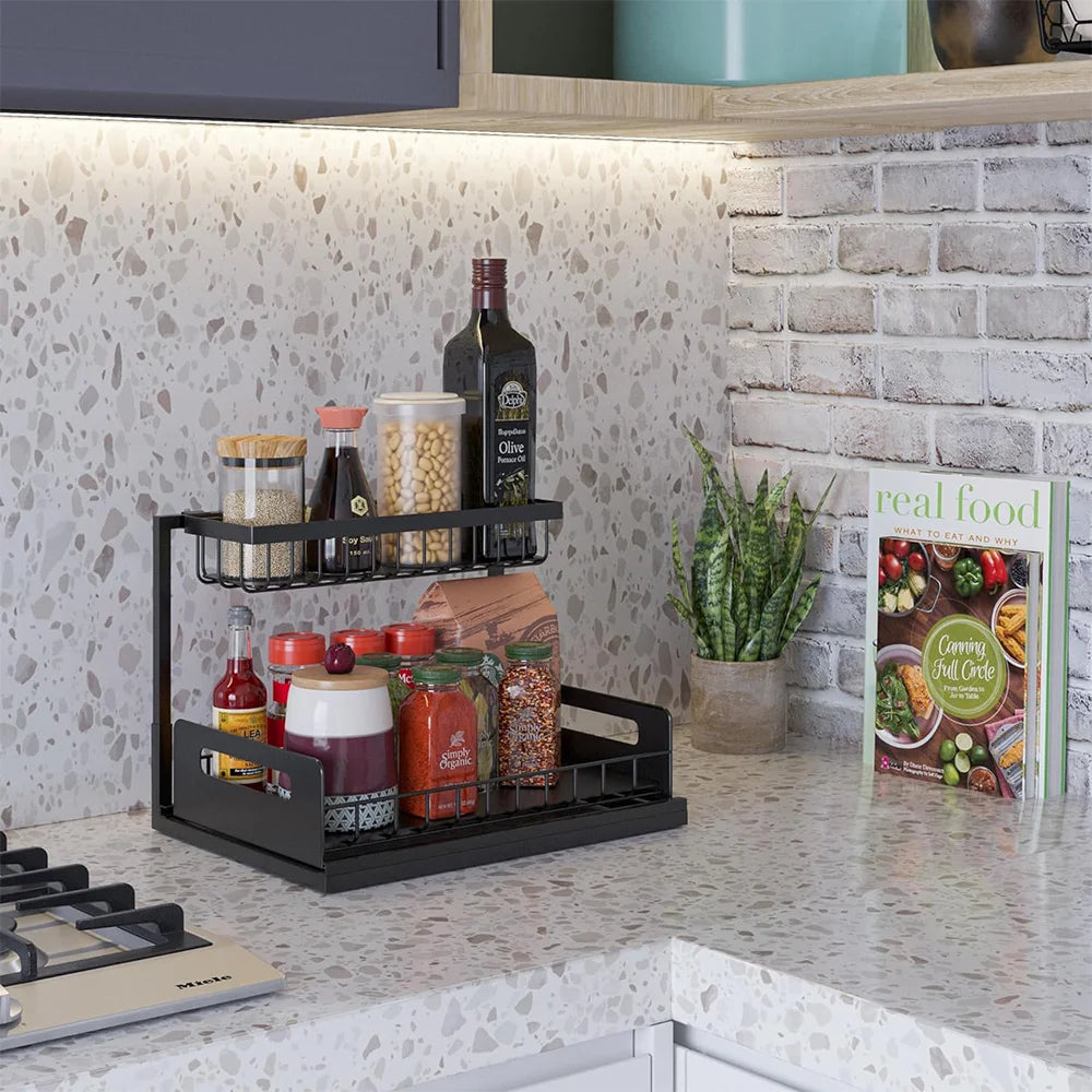 2 Tier Storage Rack Pull Out Under Sink Organizer Spice Racks Multi-purpose Storage Shelves for Kitchen Bathroom