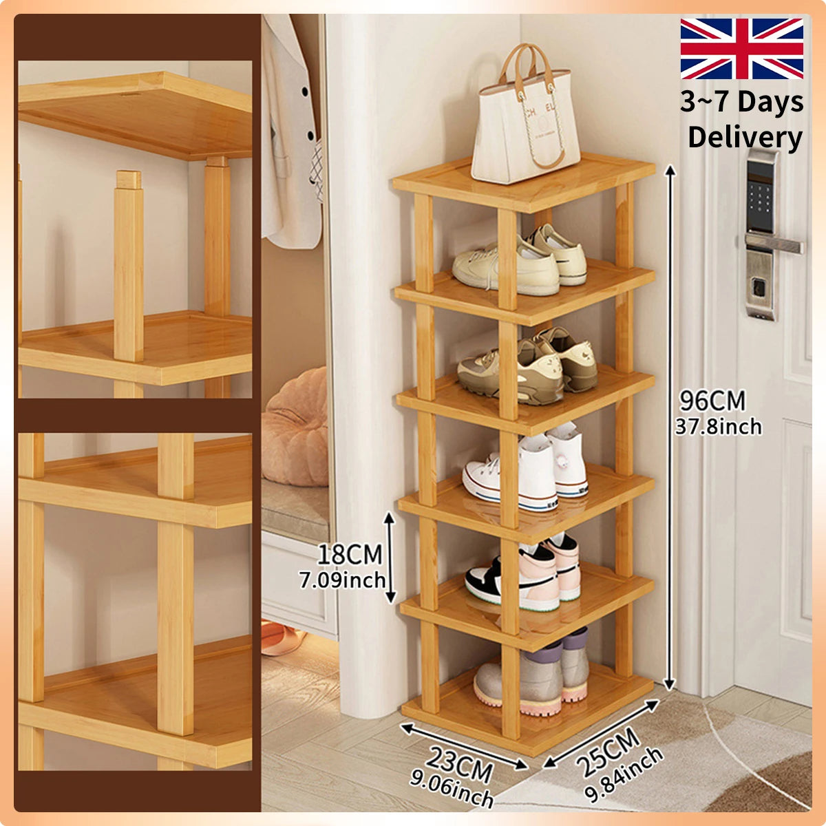 6-Tier Stackable Bamboo Shoe Rack – Space-Saving Corner Organiser