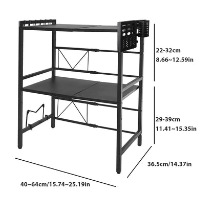 2-Tier Microwave Oven Shelf with 6 Hooks | Expandable Carbon Steel Rack