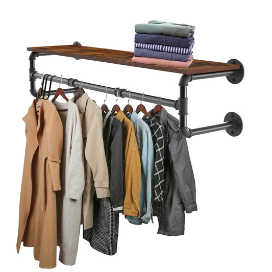 Industrial Pipe Wall-Mounted Clothing Rack with Wood Shelf