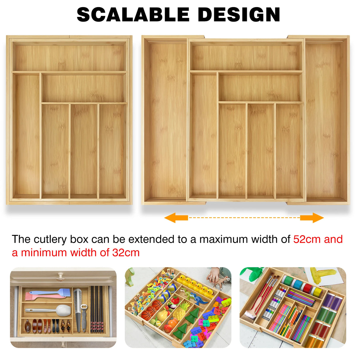 Expandable Bamboo Cutlery Tray – 6 to 8 Compartments