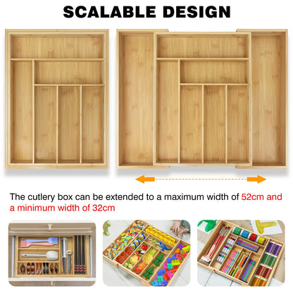 Bamboo Cutlery Drawer Tray | Expandable 32–52cm | 6–8 Compartments