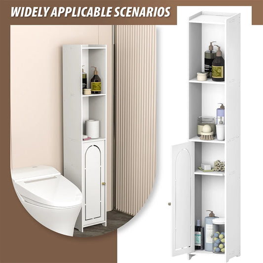 4-Tier Freestanding Bathroom Cabinet with Door | Waterproof PVC | White | 117 cm