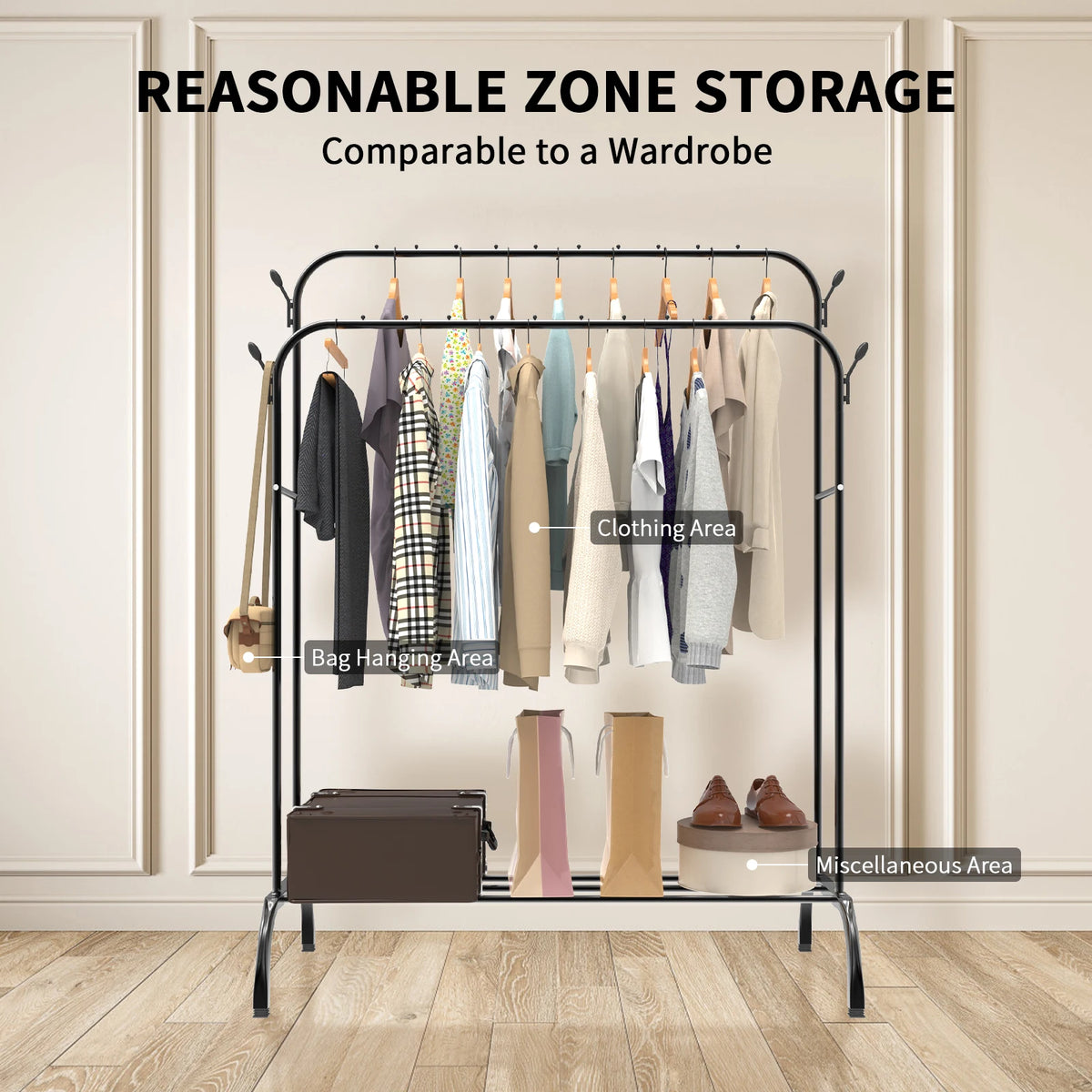 Heavy Duty Clothes Rail, 150 CM Metal Clothes Rack with Hooks, Bottom Rack, Holds up to 42 KG, Portable Hanging Rail for Coats