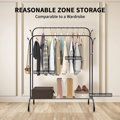 Heavy Duty Clothes Rail, 150 CM Metal Clothes Rack with Hooks, Bottom Rack, Holds up to 42 KG, Portable Hanging Rail for Coats