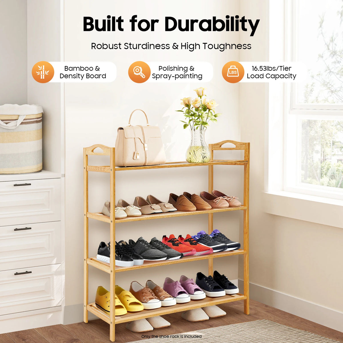 4-Tier Shoe Rack for Entryway, Bamboo Wood Shoe Rack 4-Tier, Stackable Shoe Organizer for Closet, Free Standing Shoe Racks for Indoor & Outdoor