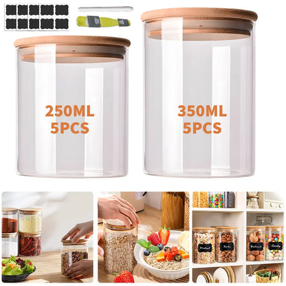 10-Piece Glass Storage Jar Set with Wooden Lids | 250ml & 350ml | Tea, Coffee & Pantry Organiser