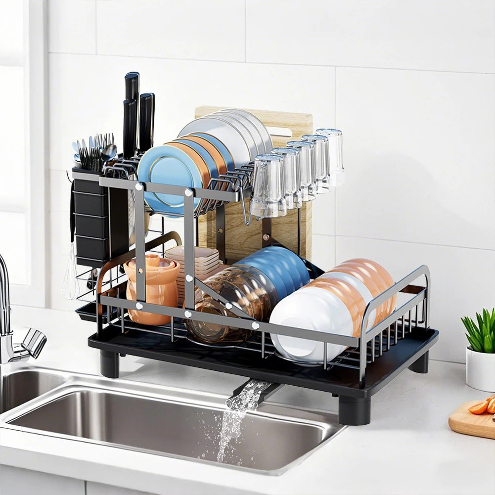 2-Tier Dish Drainer Rack with Draining Board & Utensil Holder