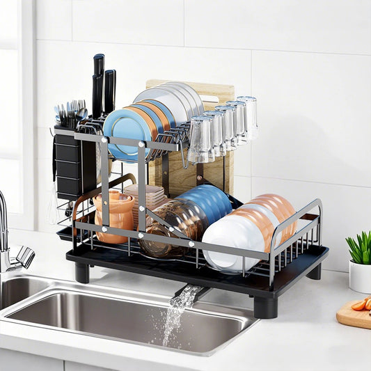 2-Tier Dish Drainer Rack with Draining Board & Utensil Holder