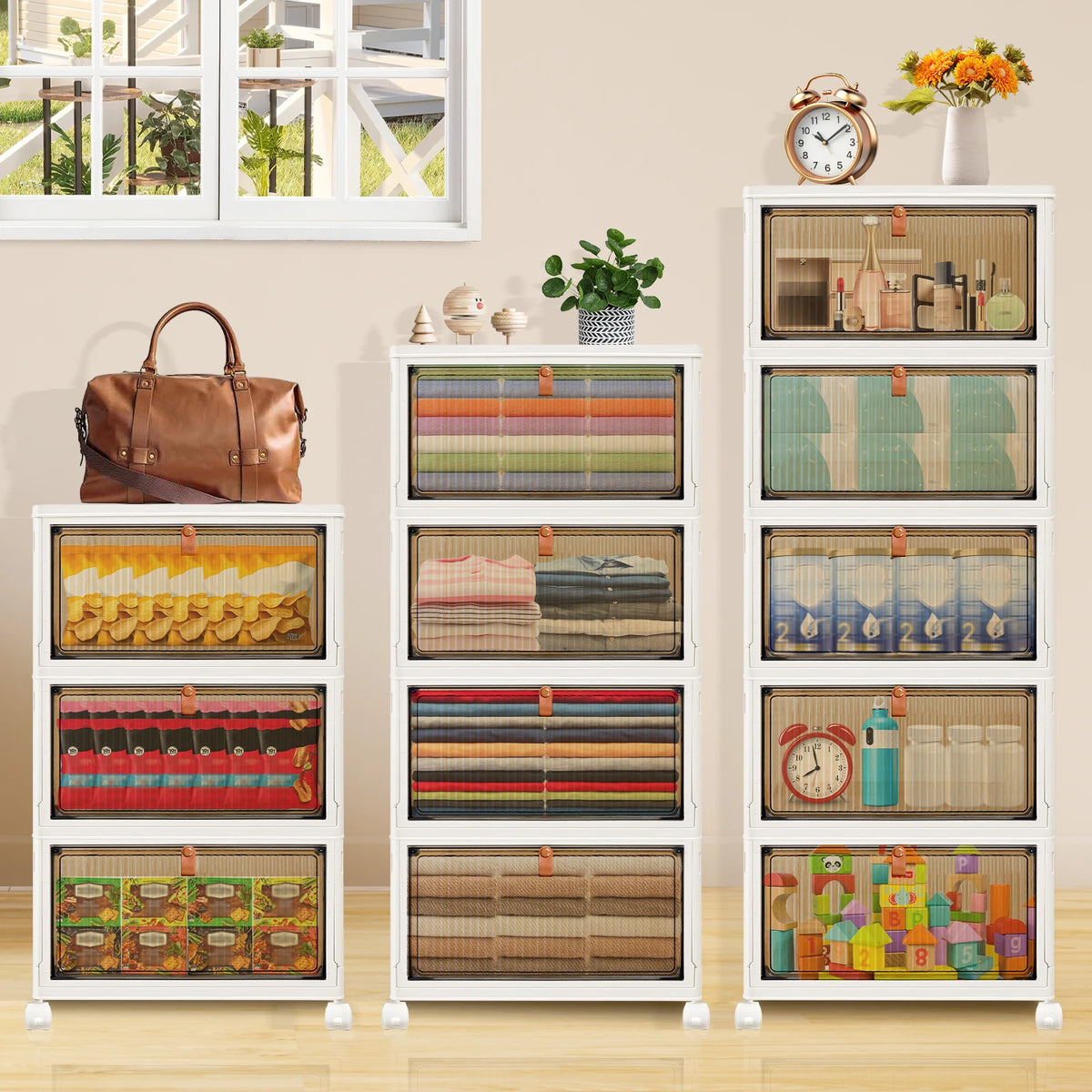 3/4/5 Tier Stackable Storage Boxes with Lids,Sturdy PP Matterial, Foldable Plastic Storage Unit for Toys/Office Supplies/Clothes