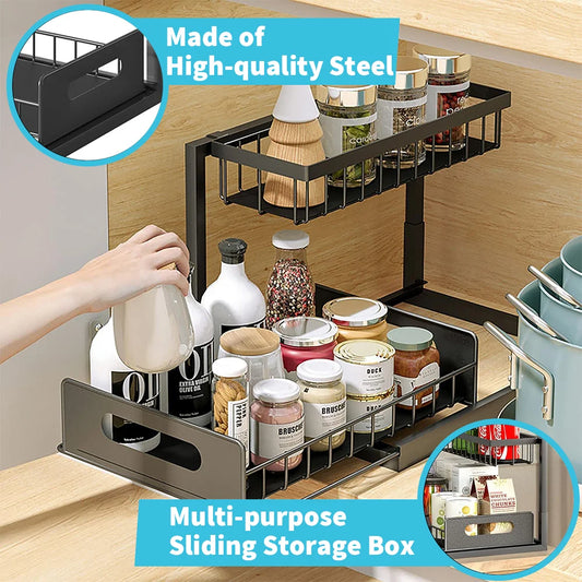 2 Tier Storage Rack Pull Out Under Sink Organizer Spice Racks Multi-purpose Storage Shelves for Kitchen Bathroom