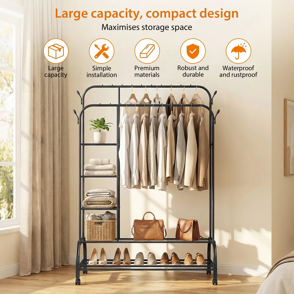 Clothes Heavy Duty Rail, 160CM Carbon Steel Metal Clothes Rack 2 Bottom Rack, 4Hooks,4 Shelves, Freestanding Hanging Rail Storage Shelf for Bedroom Temporary Garment Laundry, Entryway, Wardrobe