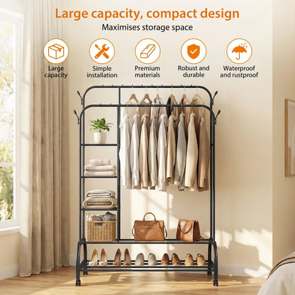 160cm Heavy-Duty Carbon Steel Clothes Rail | 2 Bottom Racks, 4 Shelves & 4 Hooks