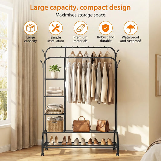160cm Heavy-Duty Carbon Steel Clothes Rail | 2 Bottom Racks, 4 Shelves & 4 Hooks