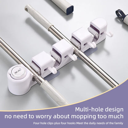 Broom Mop Holder, Wall Mounted Self-Adhesive Broom And Mop Organizer With Hooks For Bathroom Kitchen Closet Storage