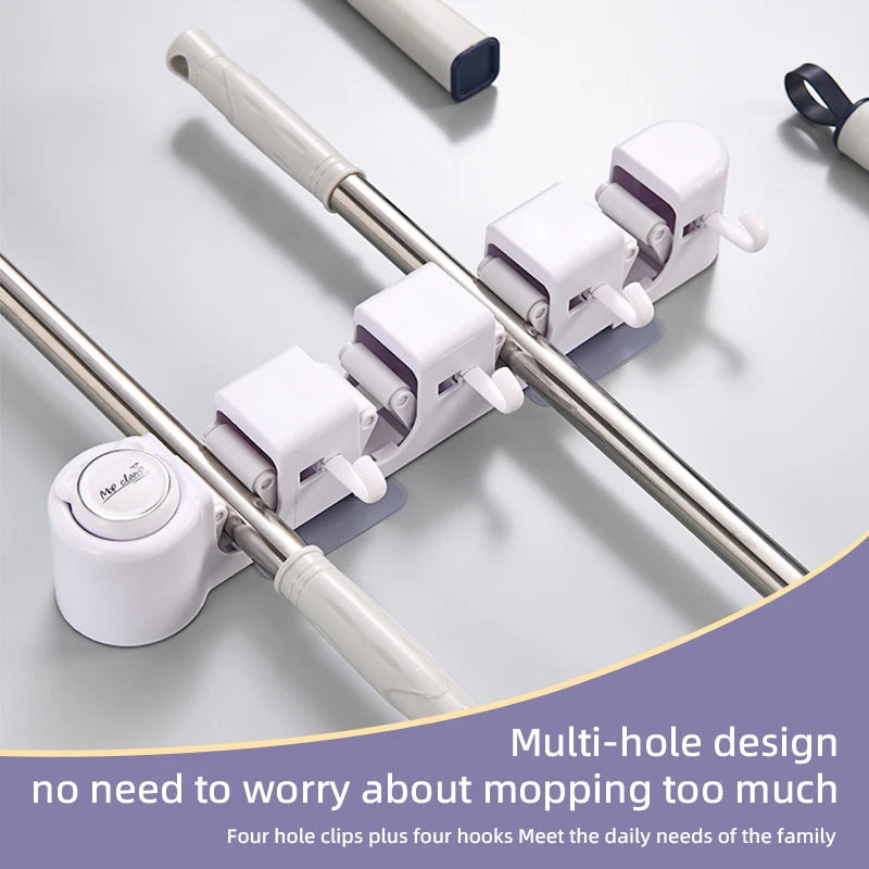 Wall-Mounted Broom & Mop Holder | 4 Slots & 4 Hooks | Self-Adhesive No-Drill