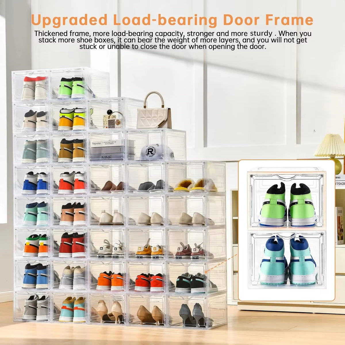 6/9/12 pack clear rack Space-Saving Magnetic Shoe Storage Box with Flip Cover, Stackable Clear Shoe Organizer for Home/Office