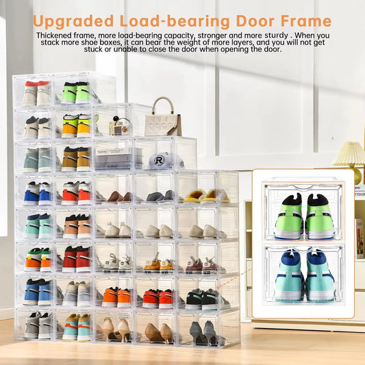 6/9/12 pack clear rack Space-Saving Magnetic Shoe Storage Box with Flip Cover, Stackable Clear Shoe Organizer for Home/Office