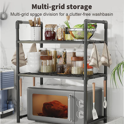Multi-Purpose Kitchen Storage Rack for Microwave, Oven, Countertop Organizer with Tool Hooks Tidying Shelves Kitchen Accessories