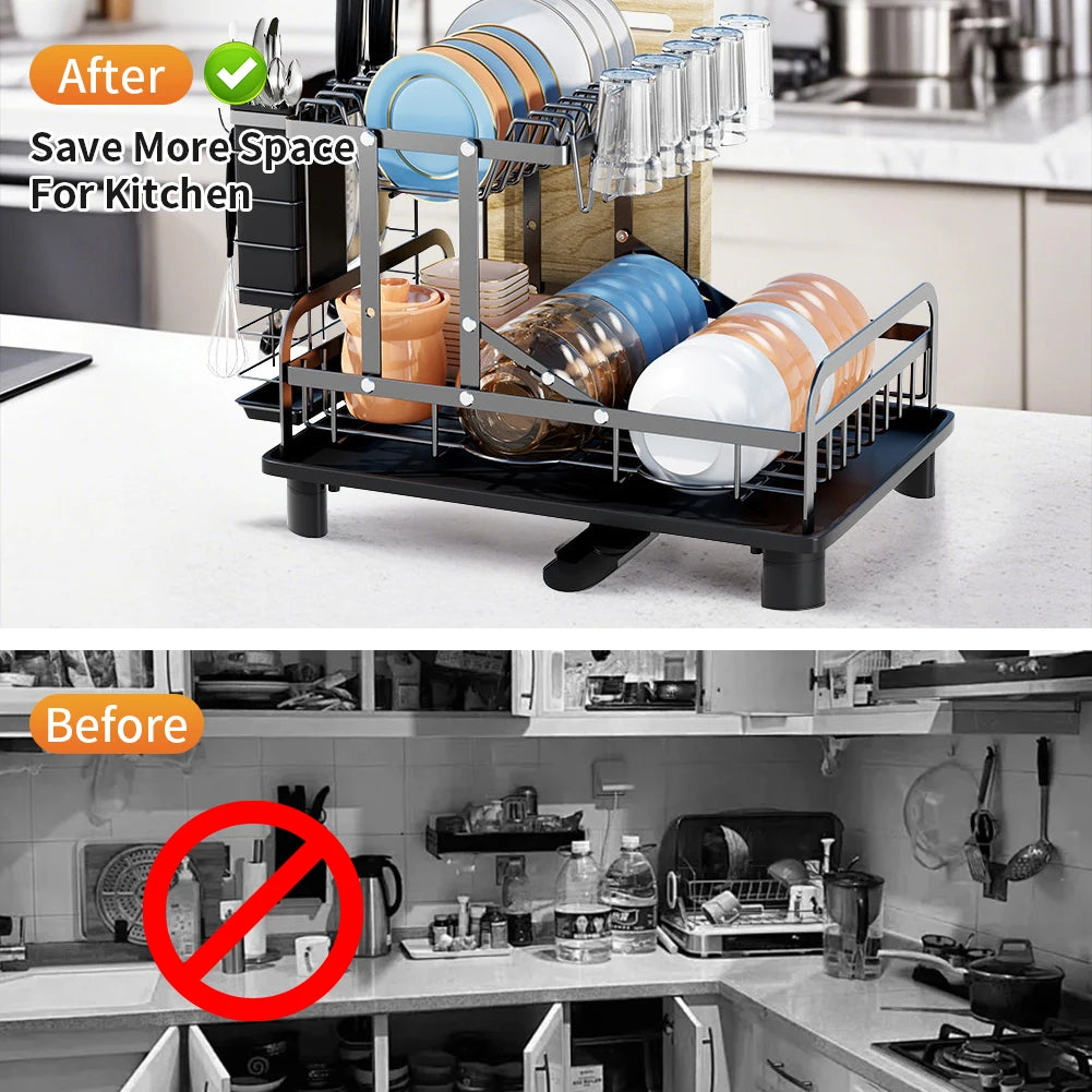 2-Tier Dish Drying Rack with 360° Drain Spout & Utensil Holder | Rust-Proof | Black