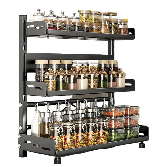 Standing Spice Rack, 3 Tier Spice Rack, Black Kitchen Shelf, Metal Storage Rack, Large Capacity for Kitchens Worktop Storage