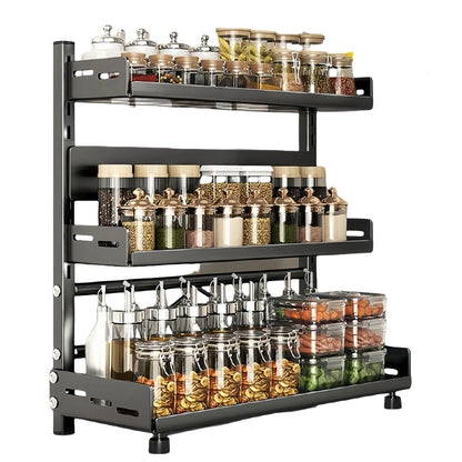 Standing Spice Rack, 3 Tier Spice Rack, Black Kitchen Shelf, Metal Storage Rack, Large Capacity for Kitchens Worktop Storage