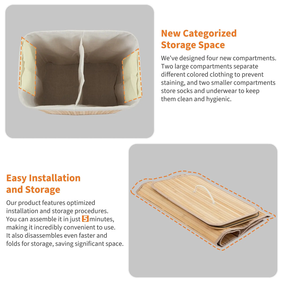 Bamboo Laundry Hamper Large 106L with Removable 4-Section Liner, Foldable Storage Basket with Lid and Handles for Bedroom, Laund