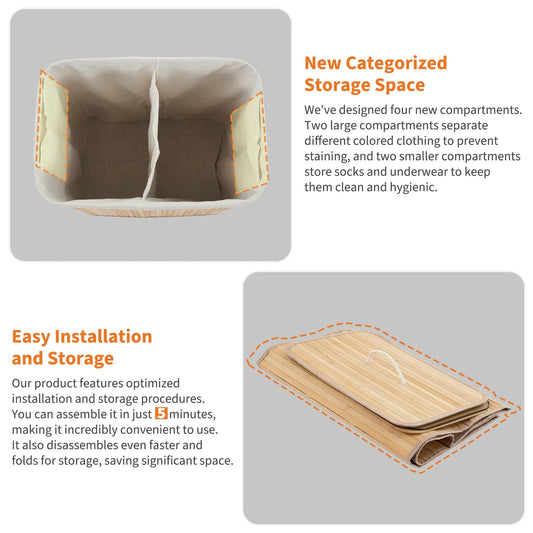 Bamboo Laundry Hamper 106L | Removable 4-Section Liner | Lid & Handles