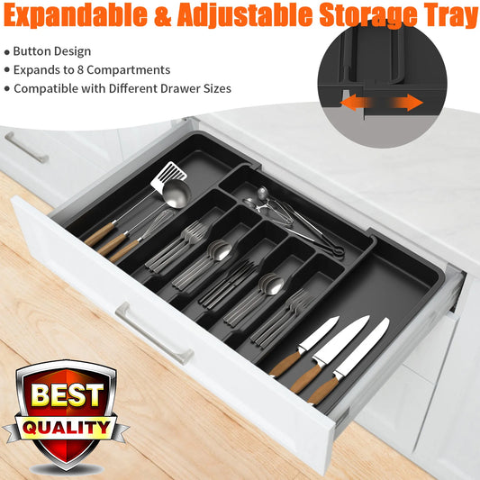 VickyHome Upgradation Adjustable Flatware Tableware Organizer with Dividers Utensil Plastic Storage Tray for Spoons Forks Knives