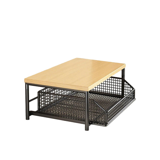 2-Tier Kitchen Countertop Organiser | Wood & Metal | Drawer & Basket Shelf